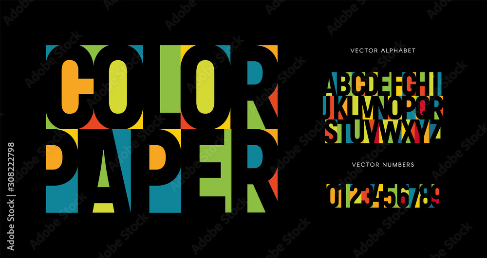 Poster colorful letters and numbers set. colored vector latin alphabet. rainbow color font. color paper app