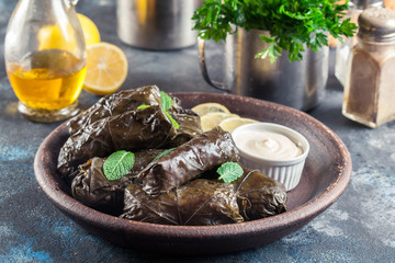Dolma - stuffed grape leaves with rice and meat