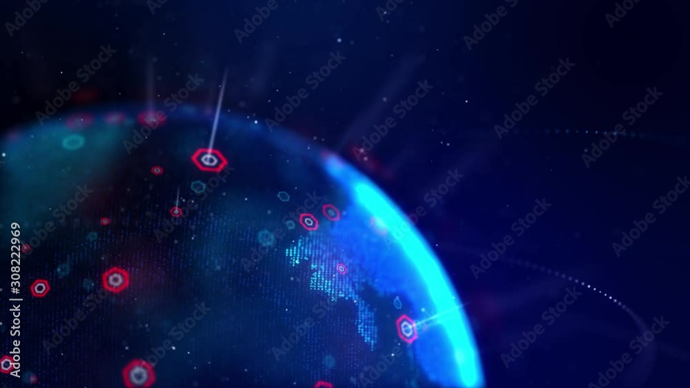 Poster spinning globe world map and hexagon shape with particle and lighting effect, dark and grain process