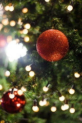 Christmas tree decorated with bulbs, beautiful.