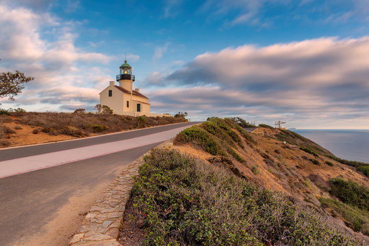 California lighthouse at Sunset, Old Loma Point Lighthouse. San Diego, California	