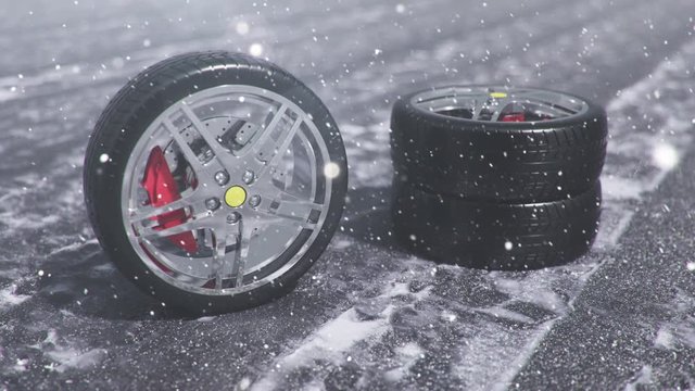 Winter tires on a background of snowstorm, snowfall and slippery winter road. Winter tires concept. Wheel replacement. Road safety concept. 4k 3d animation with falling snow