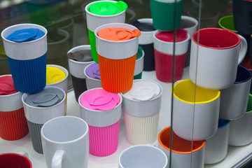 Colorful glasses and coaches on the display case