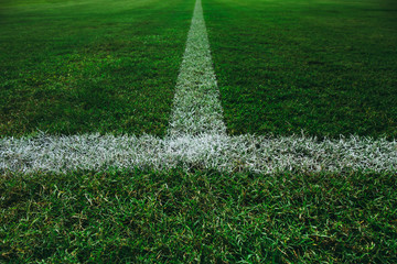 White line in middle or center of football or soccer field. in dark green tone. © Phongsak