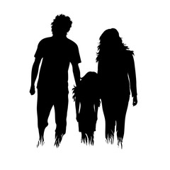 Vector silhouette of family in the grass on white background. Symbol of girl, boy, mother, father, daughter, people, nature, park, garden.