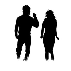 Vector silhouette of couple running in the grass on white background. Symbol of girl, boy, wife, husband, run, speed, sport, people, nature, park.