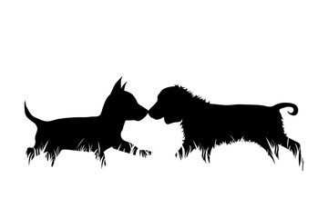 Vector silhouette of dogs in the grass on white background. Symbol of animal, pet, friends, nature, park, garden.