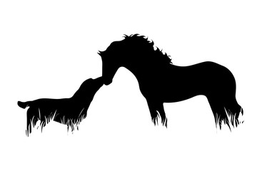 Vector silhouette of horse with dog in the grass on white background. Symbol of animal, pet, friends, farm, nature, pasture.