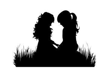 Vector silhouette of siblings in the grass on white background. Symbol of girl, sister, friends, family, infant, childhood, nature, park, garden.