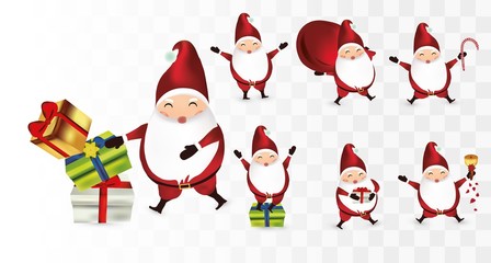 Collection of funny Christmas Santa Clause. Santa with gift presents, poinsettia. Set of cute Santa Clause isolated on transparent background. Icon set. Vector illustration