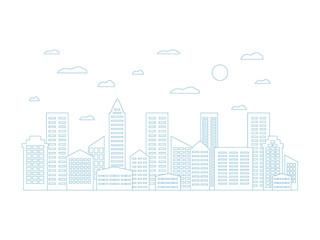City landscape template. Thin line city landscape. Panorama buildings isolated outline illustration. Urban vector illustration