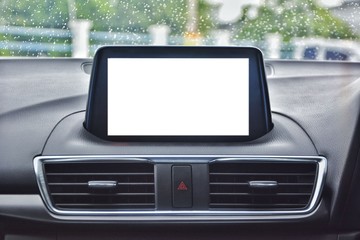  Modern navigation device on center of car control panel with isolated display.Car inside, Interior...