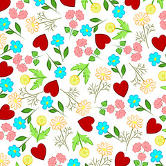  Hearts and wildflowers. Holiday background for Valentine's Day. Red hearts and multi-colored wildflowers. Vector illustration.