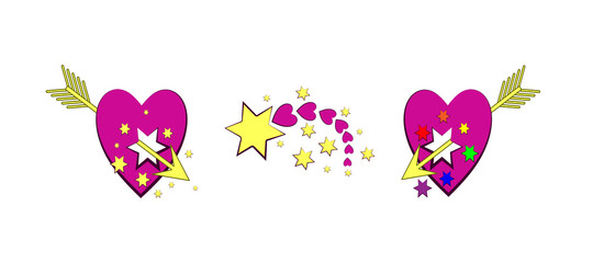  Hearts and stars. Festive set of elements for Valentine's Day. Color images of hearts and stars. Vector illustration.
