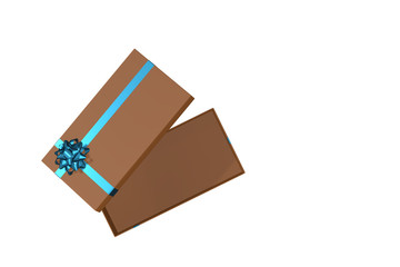 Top view of open brown gift box with azure blue ribbon isolated on white background with clipping path. 3d rendering