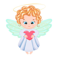 Cute blond baby angel hold heart. Valentine day cupid vector illustration
