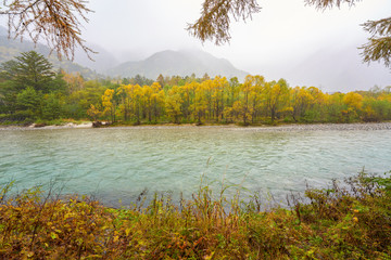 kamikochi in autumn season with rainy day