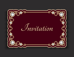 Vintage gold card with jewellery border ornament, elegant jewelry decoration for invitation or visiting card design with place for text
