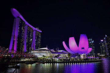 Singapore - January 4 2019: Art Science Museum, Helix Bridge and Marina Bay Sands in the night