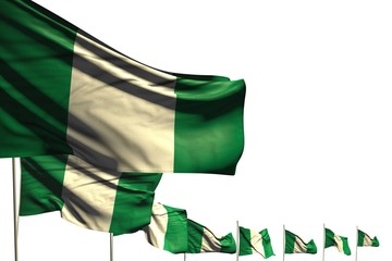 wonderful many Nigeria flags placed diagonal isolated on white with place for text - any holiday flag 3d illustration..