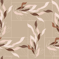 Seamless pattern on a brown background from leaves for tiles. Vector botanical drawing.