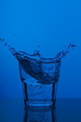 Glass with clear water and splashes, concept trend color of the year 2020 Classic Blue.