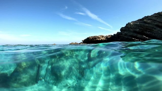 Camera in the crystal clear water between the surface and the water