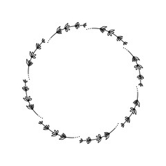 A wreath of lavender flowers. Black and white illustration of a wreath of lavender flowers with place for text. Isolated object on a white background.