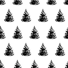 Christmas and New Year seamless pattern with hand drawn Christmas trees isolated on white. Vector illustration