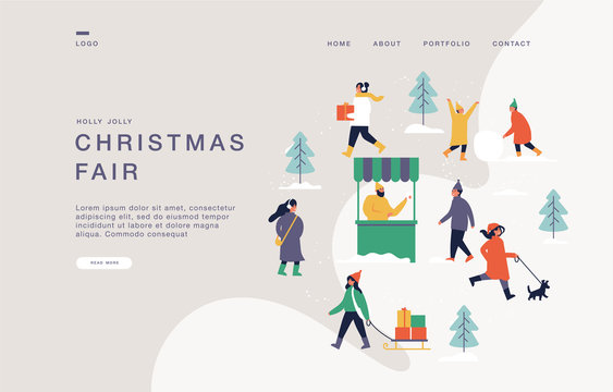 Landing page template for websites with people enjoying their time outdoors in Christmas fair. Cartoon Christmas concept banner illustration.