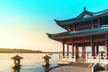 Beautiful architectural landscape and landscape of West Lake in Hangzhou..