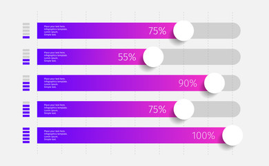 Modern colorful purple and blue gradient 3d chart, graph. Template for horizontal diagram, presentation. 5 Infographics elements. Vector illustration