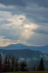 Autumn landscape background in the rain weather with fog