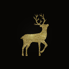 Golden deer on black background. Isolated illustration. Happy new year black background. Winter holiday card. Merry christmas gold deer luxury greeting card design. Design template. Golden decoration.