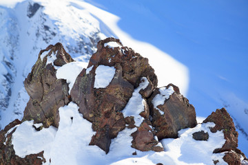 Winter panoramic view of the snowy high mountains of Elbrus in the Russia