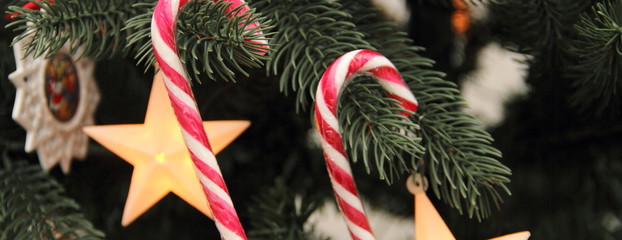 Zuckerstangen an einem geschmückten Weihnachtsbaum