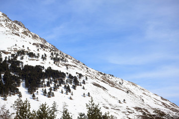 Winter snow forest landscape on mountain Elbrus, ski resort, the Republic of Kabardino-Balkaria, Russia.