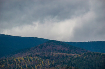 Autumn landscape background in the rain weather with fog