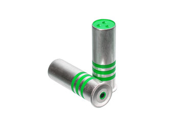 Ammunition for signal flares gun isolate on a white background. Silver ammo with green stripes. Green flares.