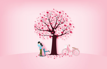 Fototapeta na wymiar Illustration of love with a lovers hug each other and a bike under love tree. Digital craft paper art valentines day concept.