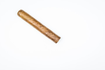 Havana thick cigar from twisted sheets on white background.