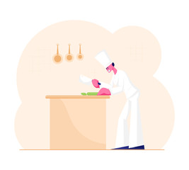 Concentrated Man Chef in White Uniform and Toque Slicing Vegetables on Table for Cooking Meal. Professional Cook Male Character Preparing Food in Restaurant Kitchen. Cartoon Flat Vector Illustration