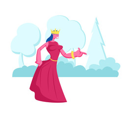Princess or Queen in Red Dress with Crown on Head Stand on Nature Landscape Background
