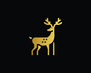 Christmas deer (elk), Gold silhouette on Black background, vector isolated Christmas card