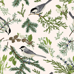 Cotton fabric Floral seamless pattern with birds.