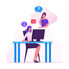 Technical Receptionist, Customer Support Service Working. Girl in Headset Hotline Consultant Chatting with Client in Call Center Answering Professional Questions. Cartoon Flat Vector Illustration