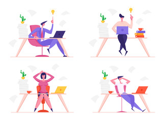 Fototapeta na wymiar Set of Businessmen and Businesswomen at Work. Business People Characters Office Employees Sitting at Desk Having Creative Ideas, Relaxing and Worry for Lack of Time. Cartoon Flat Vector Illustration