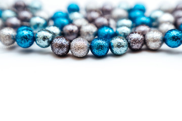 christmas or new year frame composition. christmas decorations in blue colors on white background with empty copy space for text.