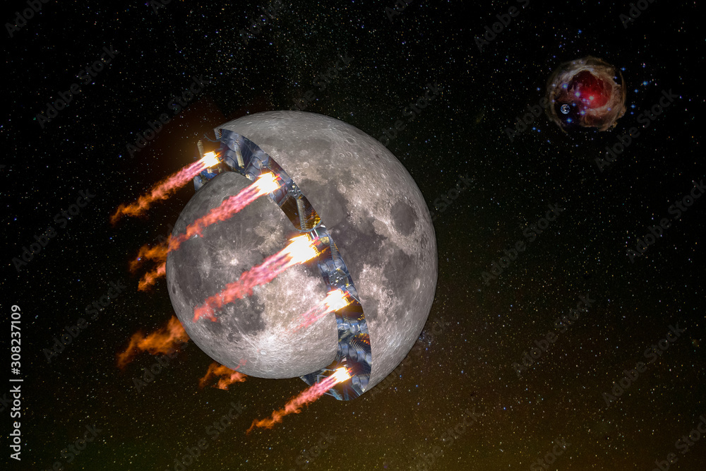 Canvas Prints halves of the moon as a spaceship, sci fi futuristic object propelled by a giant ion drive and flyin