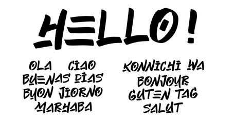 Set of hello brush paint hand drawn lettering on white background. Ola, Ciao, Buenas Dias, Buon Jiorno, Marhaba, Konnichi Wa, Bonjoir, Guten Tag, Salut 